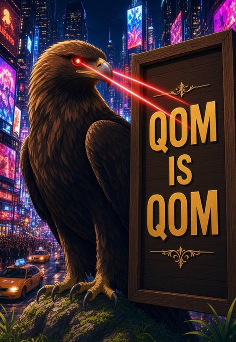 A digital artwork showing a large eagle with glowing red laser eyes perched on a rock in a neon-lit city, next to a wooden sign with gold lettering reading 'QOM IS QOM'.