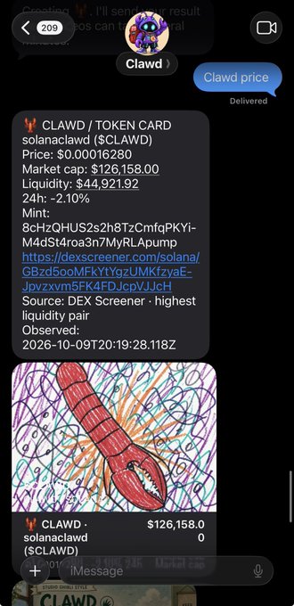 A text message screenshot showing a Clawd bot response with a $CLAWD / TOKEN CARD, displaying a price of $0.00016280, market cap of $126,158.00, and liquidity of $44,921.92, alongside a child's drawing of a red lobster.