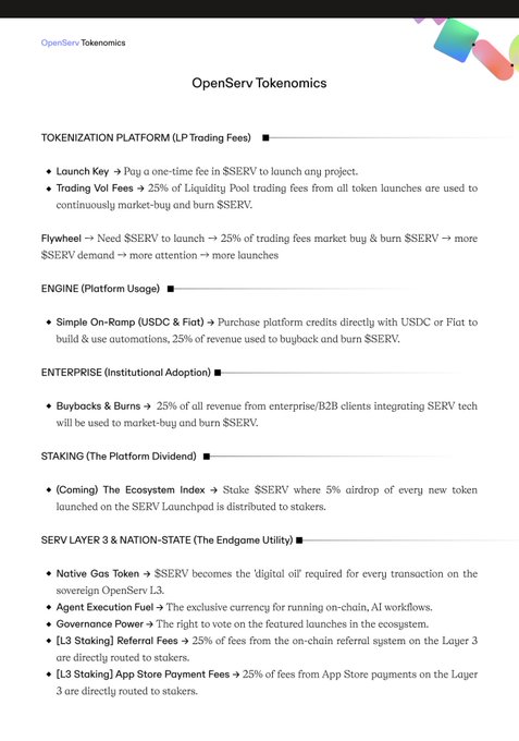 A breakdown of OpenServ's ($SERV) tokenomics outlining deflationary mechanisms including 25% buyback-and-burn fees from LP trading, platform usage, and enterprise revenue, plus staking rewards and Layer 3 utility as a native gas token and agent execution fuel. The image complements the post's emphasis on $SERV's multi-layered deflationary flywheel and burn engine, visually reinforcing how each platform activity—from token launches to enterprise integrations—feeds into continuous $SERV supply reduction.