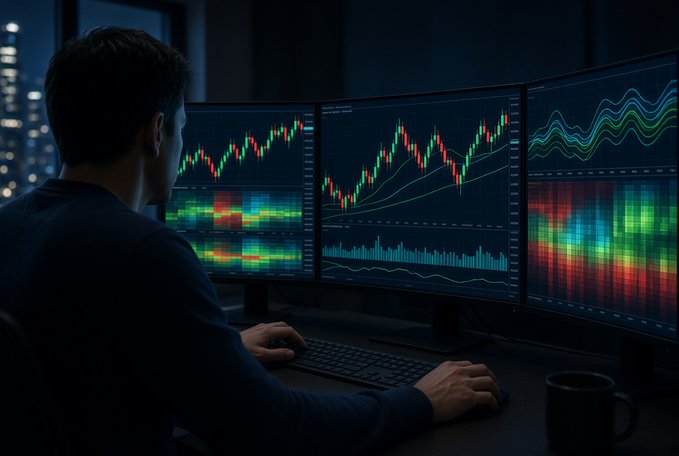 A trader sits at a curved triple-monitor setup displaying candlestick charts and colorful heatmap data, hands poised over the keyboard in a dimly lit room with a coffee mug nearby. The image visually reinforces the post's theme of expanded market access, as the trading screens evoke the very single-stock perpetual futures Kalshi is seeking to offer for tickers like TSLA, NVDA, and AAPL.