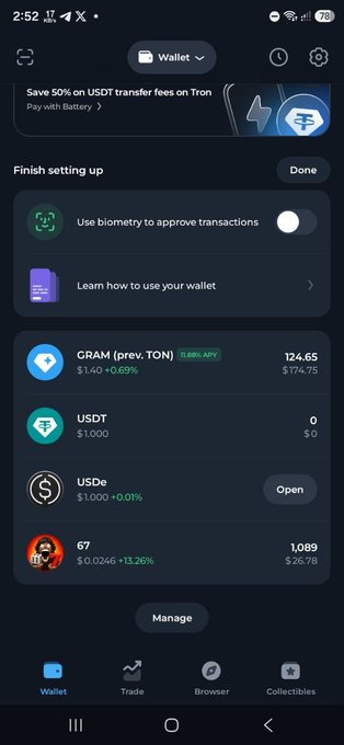 The image shows a crypto wallet app displaying a balance of 1,089 tokens of "67" (worth $26.78) alongside holdings in GRAM ($174.75), USDT, and USDe. The post celebrates earnings from the "SixSeven Club" Telegram Mini App, and the "67" token balance of $26.78 in the wallet visually represents the accumulated rewards described in the post.
