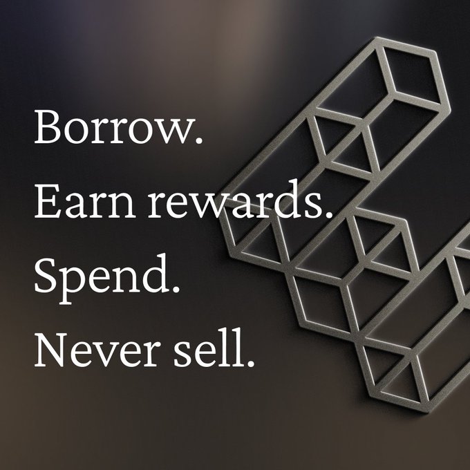 A dark, sleek graphic featuring metallic 3D geometric cube structures alongside the stacked text "Borrow. Earn rewards. Spend. Never sell." The imagery reinforces the post's message about using borrowing instead of selling crypto, visually representing the concept of accessing cash value without liquidating positions.