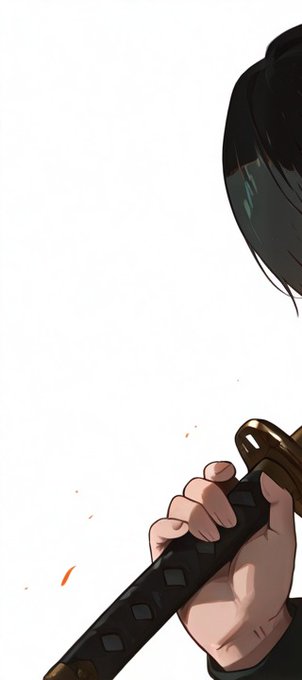 A hand grips a katana's hilt while the edge of a dark-haired figure is visible on the right, with a few orange sparks drifting in the white space. The anime-style artwork complements the post's shoutout to Maki Zenin from *Jujutsu Kaisen*, capturing her signature weapon-wielding aesthetic.