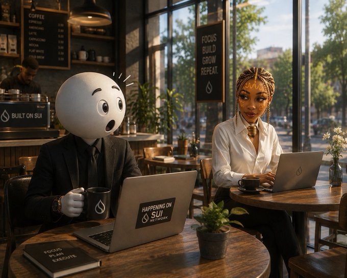 A surreal scene of a cartoonish white character and a woman with golden face markings working on laptops at a cafe, with text including 'BUILT ON SUI' and 'FOCUS BUILD GROW REPEAT.'