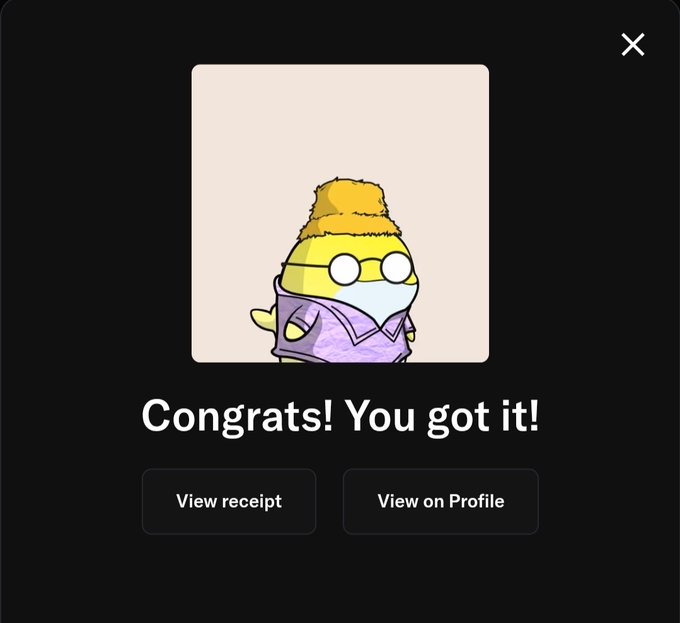 A digital popup with a dark background showing an illustration of a small bird-like character wearing glasses, a beanie, and a face mask, with text saying 'Congrats! You got it!' above buttons to 'View receipt' and 'View on Profile'.