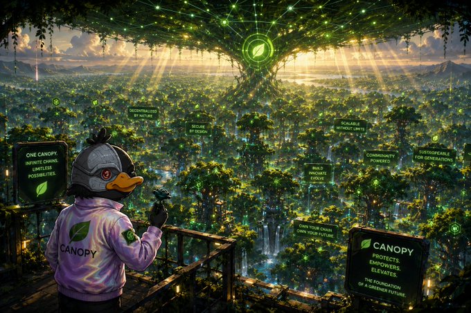A fantasy digital artwork featuring a duck-like character wearing a pink 'CANOPY' hoodie overlooking a futuristic glowing forest city, with text panels describing features like 'ONE CANOPY INFINITE CHAINS', 'SECURE BY DESIGN', 'SCALABLE WITHOUT LIMITS', 'COMMUNITY POWERED', 'SUSTAINABLE FOR GENERATIONS', 'BUILD BLOCKS EVOLVE', and 'CANOPY PROTECTS EMPOWERS ELEVATES THE FOUNDATION OF A GREENER FUTURE'.