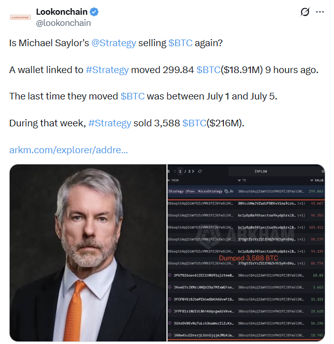 A Lookonchain tweet asking 'Is Michael Saylor's @Strategy selling $BTC again?' noting a wallet linked to #Strategy moved 299.84 $BTC ($18.91M), with an image of Michael Saylor and transaction records showing 'Dumped 3,588 BTC'.