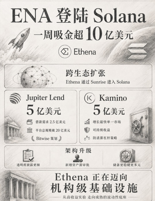 The image features a poster or flyer for Ethena, which is an Ethereum-based cryptocurrency exchange. The poster includes various illustrations of different objects such as buildings, coins, and a rocket ship, along with text written in Chinese. The poster also contains information about the exchange's name, slogan, and its connection to the Sunrise DeFi project.