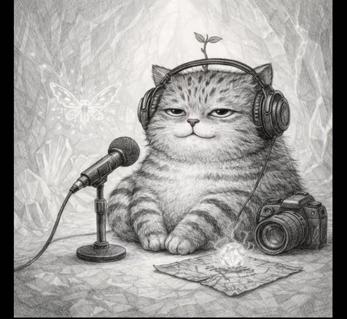 A pencil sketch of a chubby tabby cat wearing headphones, sitting at a microphone with a camera, butterfly, and crystal nearby.