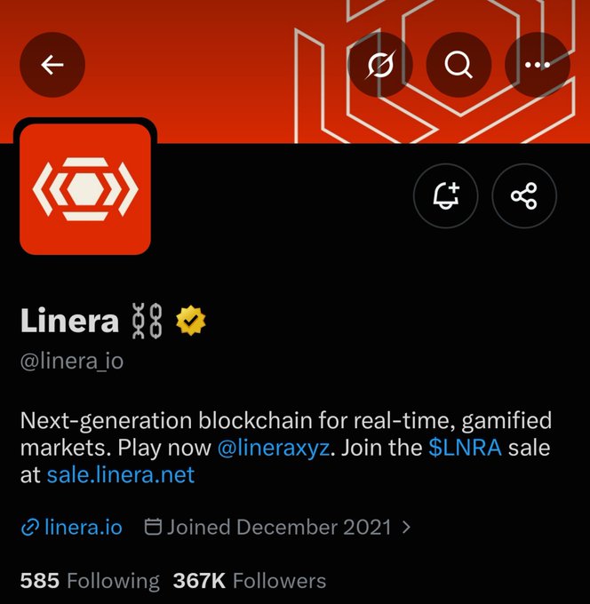A Twitter/X profile page for Linera (@linera_io), described as a 'Next-generation blockchain for real-time, gamified markets,' with 585 following and 367K followers.