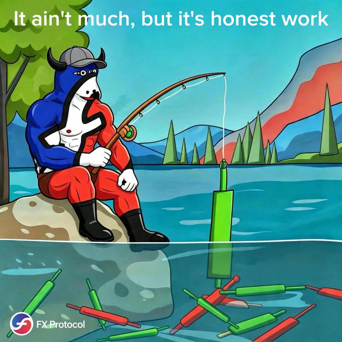 A cartoon illustration of a Viking-like fisherman wearing a hat with horns, sitting on a rock and fishing, with the text 'It ain't much, but it's honest work' and 'FX Protocol' logo.