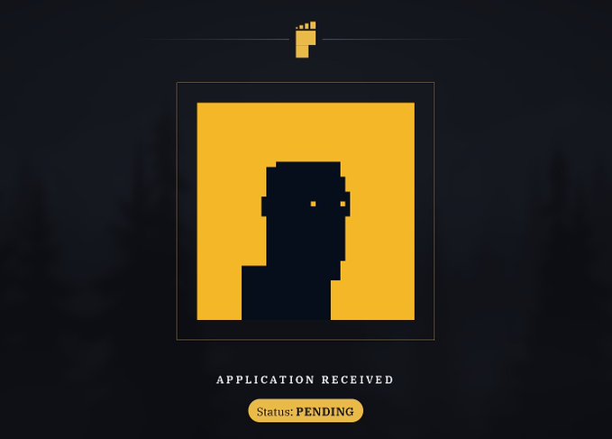 A dark screen displays a yellow pixel-art icon of a head with the text 'APPLICATION RECEIVED' and a status badge reading 'Status: PENDING'.