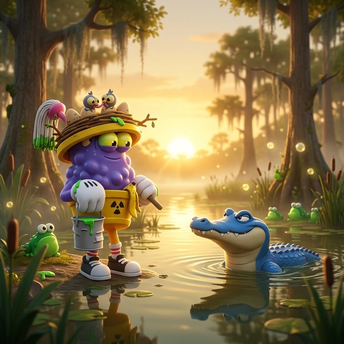 Whimsical 3D-rendered scene featuring a purple grape-like character dressed as a hazmat worker with birds in its nest-hat, holding a brush, facing a blue alligator in a sunlit Louisiana-style swamp with smaller frogs nearby.