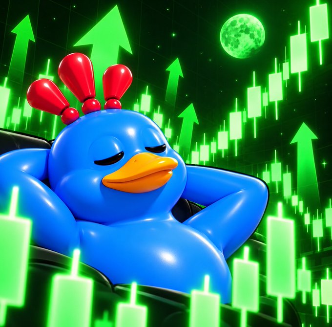A 3D-rendered blue rubber duck with a red comb relaxes in a chair against a backdrop of glowing green stock market candlesticks, upward arrows, and a moonlit sky, suggesting rising crypto or stock prices.