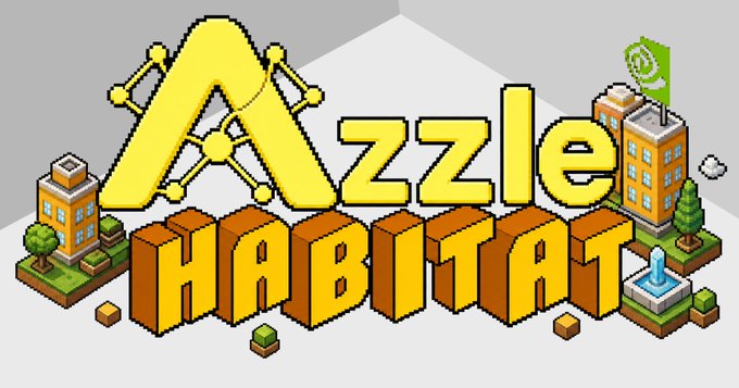 A colorful, pixel-art style logo reads 'Azzlet HABITAT', featuring a stylized 'A' with molecular bonds surrounded by small isometric buildings, trees, and a fountain.
