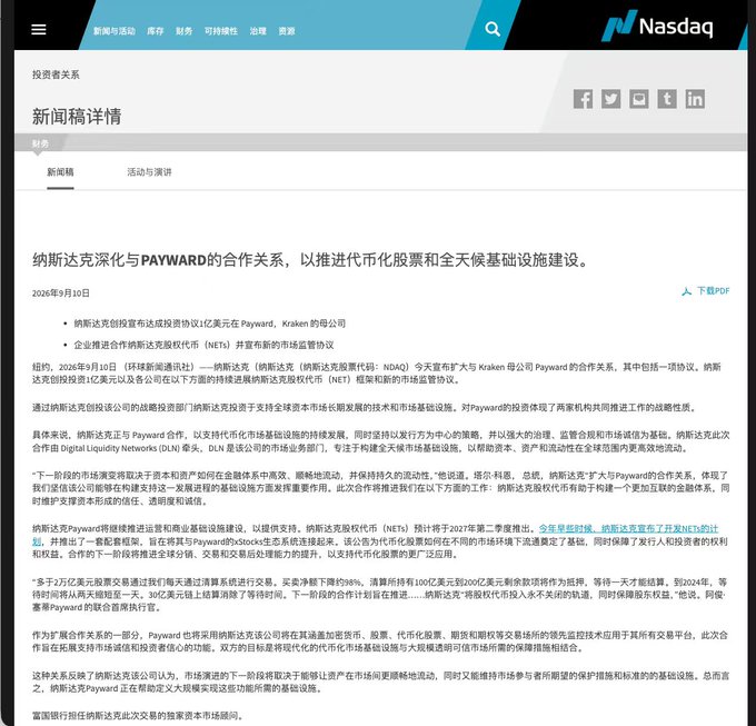 A Nasdaq press release webpage in Chinese announcing the deepening of its partnership with Payward (Kraken's parent company) to advance tokenized equities and 24/7 market infrastructure, with the article dated March 10, 2026. The text confirms the key details from the post: a $100 million strategic investment valuing Payward at $21 billion, and a Q2 2027 launch of tokenized trading and settlement services through Kraken on Nasdaq's (NDAQ) markets.
