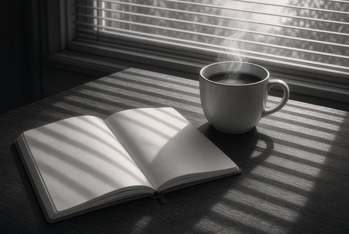 A black-and-white still life depicts a steaming cup of coffee next to an open book on a wooden table, with sunlight streaming through window blinds.