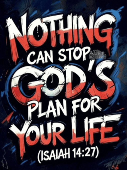 A stylized poster with bold red, white, and blue brushstroke text reads "NOTHING CAN STOP GOD'S PLAN FOR YOUR LIFE (Isaiah 14:27)," with a "God is Gracious" logo, set against a dark, textured background.