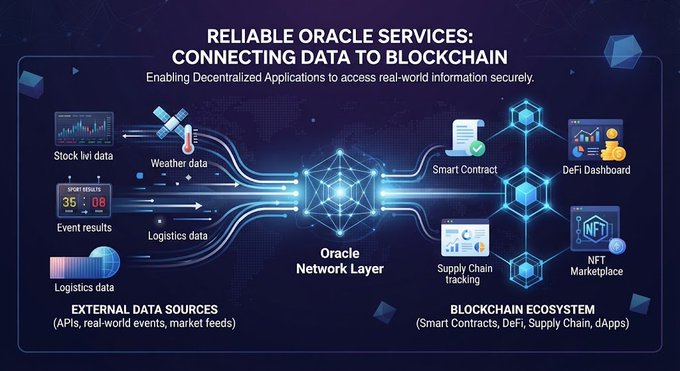 An infographic titled 'Reliable Oracle Services: Connecting Data to Blockchain' illustrates how external data sources like stock market data, weather, event results, and logistics data flow through an Oracle Network Layer into a blockchain ecosystem including smart contracts, DeFi, supply chain, and NFTs.
