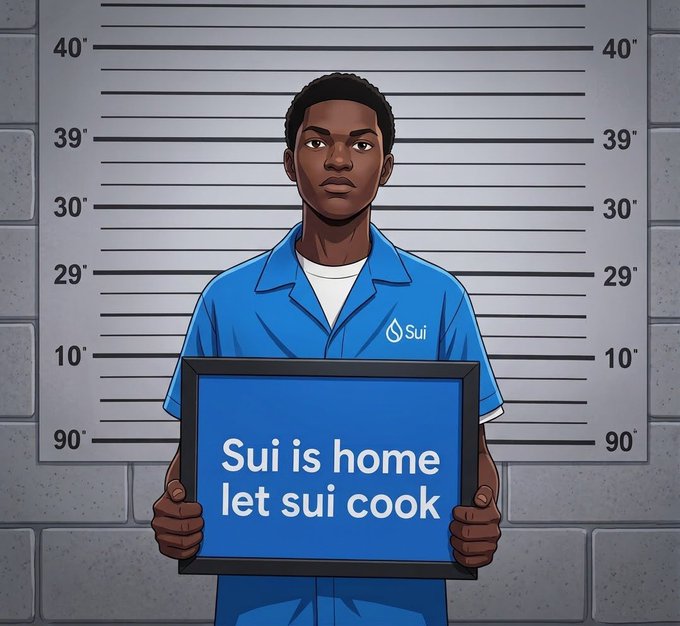 A cartoon illustration shows a young Black man in a blue 'Sui' branded prison uniform, standing in a police lineup and holding a blue sign that reads 'Sui is home let sui cook.'