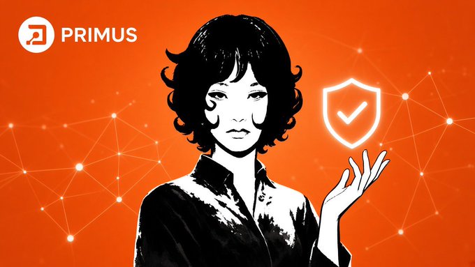 An orange and black illustration of a person beneath the PRIMUS brand logo, set against a web of light connections and a checkmark shield.