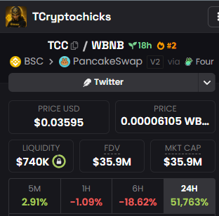 A cryptocurrency tracking panel for token 'TCC' paired with 'WBNB' on PancakeSwap via Four, showing a price of $0.03595, market cap of $35.9M, and a 24H gain of 51,763%.