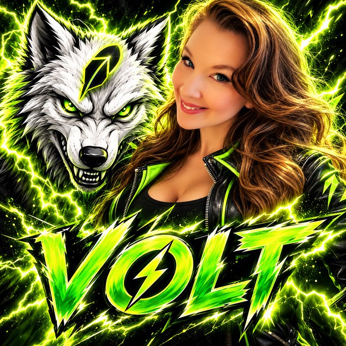 A digital artwork features a smiling woman in a black leather jacket next to a snarling white wolf, with the word 'VOLT' displayed in large, glowing green letters.
