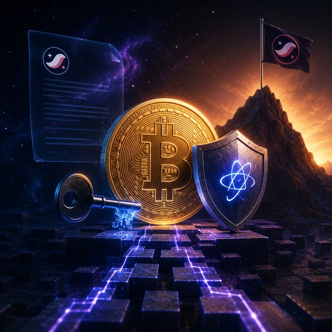 Digital artwork depicting a golden Bitcoin coin next to a key and a metallic shield with an atom symbol, with documents and a flag in the background, set on a dark, futuristic platform.