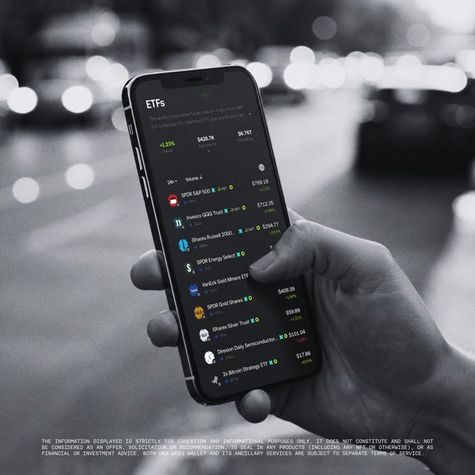 A hand holds a smartphone displaying the OKX ETFs interface, showing tickers like SPY, QQQ, Russell 2000, Silver Trust, and Bitcoin Strategy ETF with green percentage gains, visually reinforcing the post's message of accessing tokenized stocks and trading directly from a mobile, onchain interface.