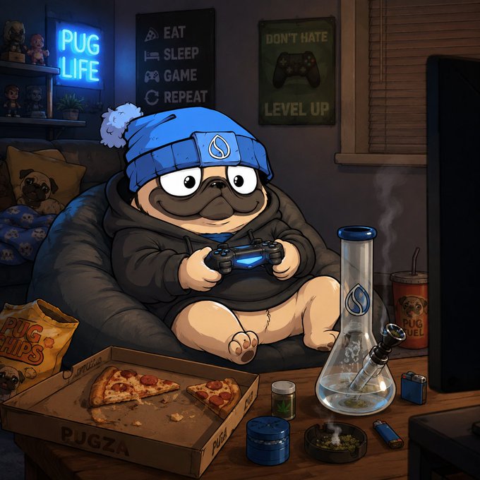 An illustrated scene of a pug character wearing a blue beanie and hoodie playing video games with a controller, surrounded by pizza, snacks, a bong, and gaming decor with 'PUG LIFE' and 'EAT SLEEP GAME REPEAT' signs.