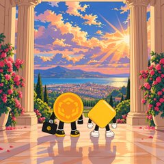 A digital illustration shows two stylized characters—one circular with a smiley face and one square—wearing black and white outfits, standing together in a grand marble hall with a sunset landscape behind them.