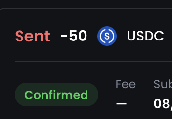 A transaction confirmation screen showing 'Sent -50 USDC' with a green 'Confirmed' status button.