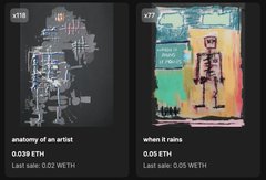 Two NFT artwork listings: "anatomy of an artist" (#118) showing a transparent anatomical figure, and "when it rains" (#477) depicting a skeleton in a colorful frame, both priced at 0.05 ETH.