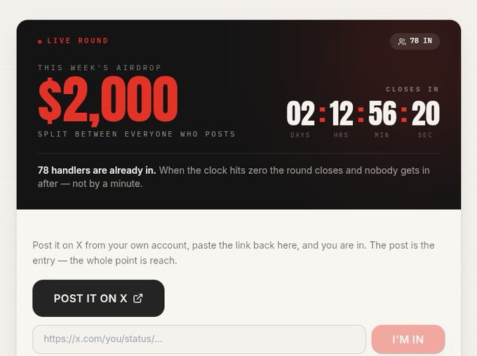 A promotional graphic for a live round airdrop offering $2,000 split between participants, showing 78 people already entered, with a countdown timer of 2 days, 12 hours, 56 minutes, and 20 seconds remaining.
