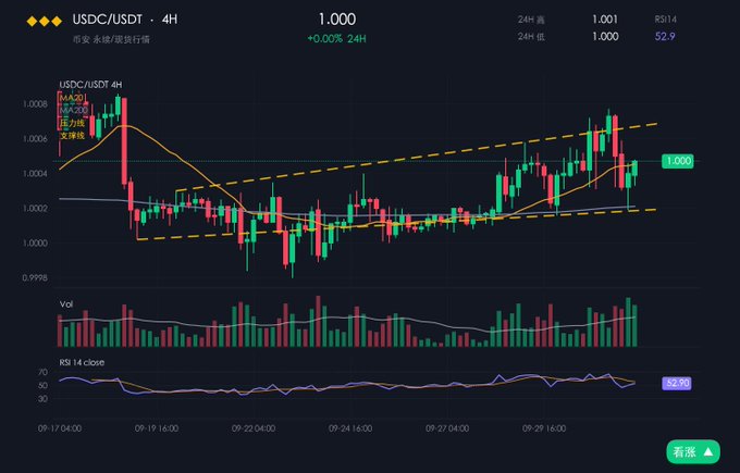 A financial candlestick chart tracking the USDC/USDT cryptocurrency pair on a 4-hour timeframe, showing the price hovering near 1.000 with an RSI of 52.9.