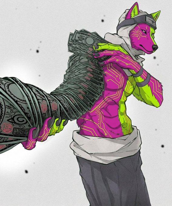 An anime-style illustration of a humanoid wolf character with green and purple fur, circuit board patterns on their body, wearing a hood, and holding a large bundle of cash over their shoulder.