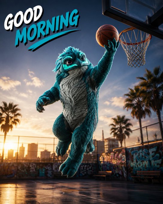A digital illustration of a teal furry monster dunking a basketball at an outdoor court at sunset, with 'GOOD MORNING' text in the top left corner.