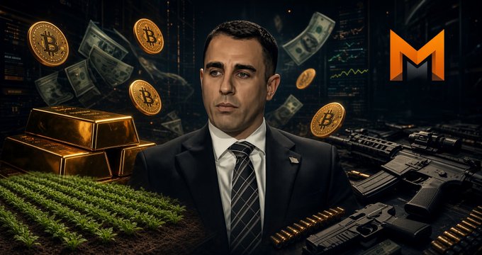 A man in a suit stands centrally, flanked by gold coins, gold bars, cannabis plants, falling dollar bills, and firearms, with an orange "M" logo in the top right corner, visually representing Anthony Pompliano's new ETFs combining Bitcoin, gold, land, and guns.