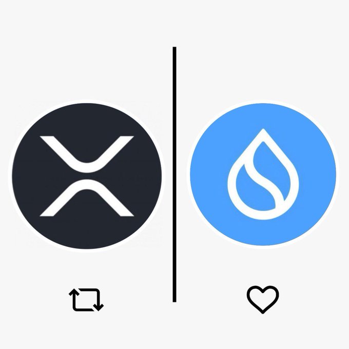 A side-by-side comparison graphic featuring the black circular XRP logo with its signature "X" symbol on the left, paired with the blue circular SUI logo containing a stylized water drop design on the right, visually representing the two cryptocurrencies being compared for potential bull market growth. Small swap/transfer and heart icons appear beneath each respective logo.