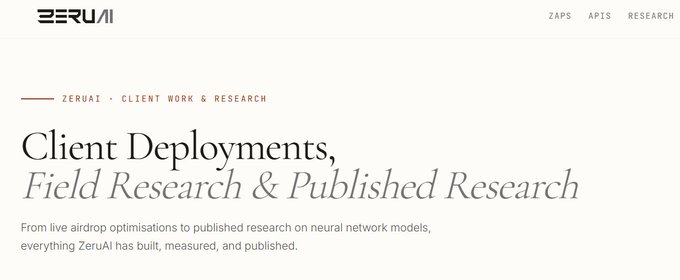 The image shows a ZeruAI webpage header featuring the tagline "Client Deployments, Field Research & Published Research" with the tagline "From live airdrop optimisations to published research on neural network models, everything ZeruAI has built, measured, and published." The page highlights ZeruAI's work in quantitative trading and research, connecting to the @zerufinance x Ditto Trading Competition mentioned in the post by showcasing the firm's research-driven approach to addressing trading competition integrity.