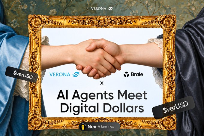 The image features a Renaissance-style painting of a handshake inside an ornate gold frame, with logos for Verona and Brale flanking the handshake. Overlaid banners read "$verUSD" on both sides, and the central text announces "AI Agents Meet Digital Dollars," visually symbolizing the Verona x Brale partnership mentioned in the caption—the union of AI agent technology with stablecoin infrastructure.