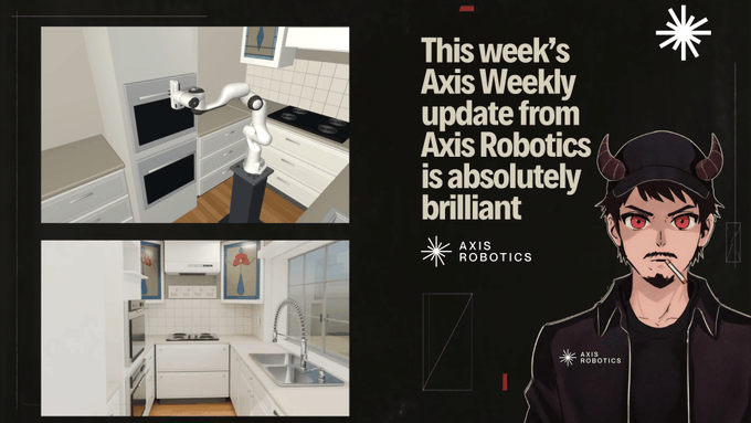 A promotional graphic features text stating 'This week's Axis Weekly update from Axis Robotics is absolutely brilliant' alongside the Axis Robotics logo, images of a robot in a kitchen, and an illustration of a man with red eyes and small horns wearing a black shirt.