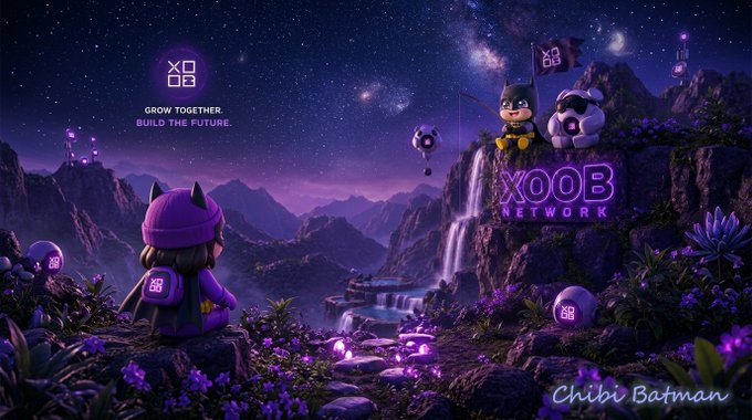 In this image, there are two characters - a girl wearing a purple hat and a boy wearing a black shirt. They are standing near a waterfall surrounded by purple flowers. The background of the image features a night sky with stars and mountains. There is also a banner in the image that says "XOOB Network".