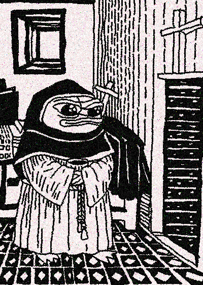 A black and white illustration of a cloaked, frog-like creature wearing a robe and holding rosary beads, standing in a room with patterned floor tiles and a cabinet.