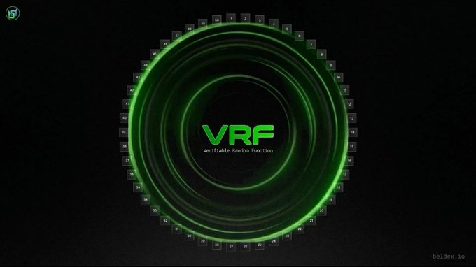 A graphic showing concentric green rings forming a circle with 'VRF' and 'Verifiable Random Function' in the center, surrounded by numbered slots, with 'beldex.io' in the corner.