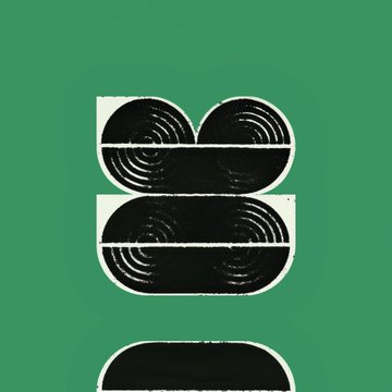 A green background with black and white spiral designs resembling the letter 'B' or possibly an '8'.