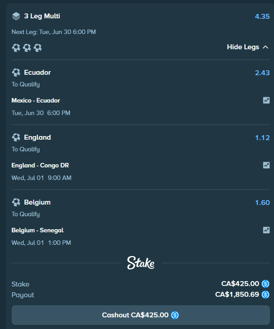 A sports betting slip on Stake shows a 3 Leg Multi bet wagering CA$425.00 with a potential payout of CA$1,850.69, featuring Ecuador to qualify (2.43 odds), England to qualify (1.12), and Belgium to qualify (1.60), with the next leg being Mexico vs Ecuador on June 30. The image illustrates the user's bet on Ecuador to win the World Cup, tying into their $150 giveaway promo to Stake users.