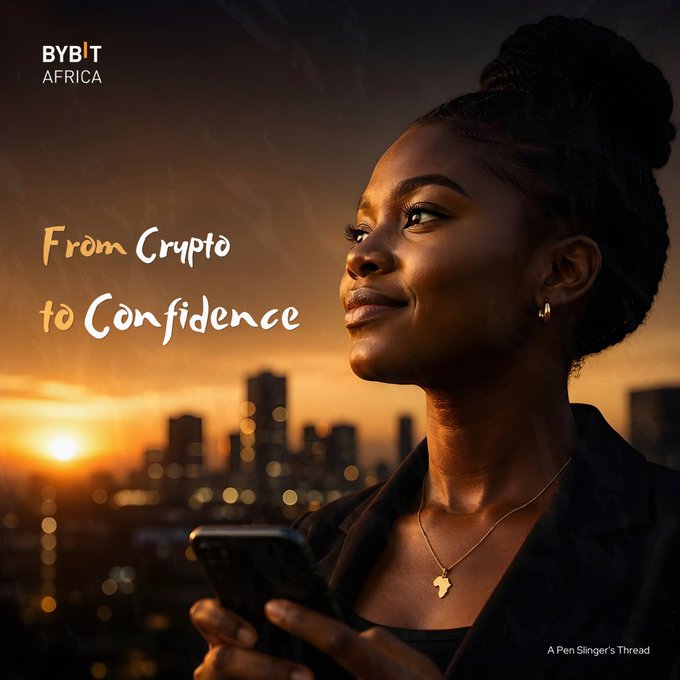A confident young woman gazes thoughtfully over a city skyline at sunset while holding a smartphone, with the "Bybit Africa" logo and the tagline "From Crypto to Confidence" alongside the label "A Pen Slinger's Thread." The image visually reinforces the post's message about Bybit being more than just a trading platform by portraying a poised, empowered user who appears to embody the "confidence" the brand promises beyond crypto transactions.