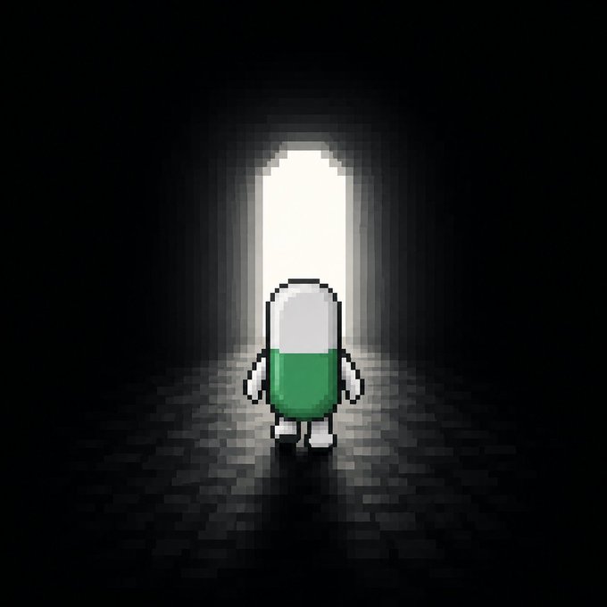 A pixelated capsule character with a green bottom half stands in a dark void, silhouetted against a glowing white archway—evoking the post's theme of cautious entry into risky territory, fitting for "pumpi" the pump.fun analyzer who only steps through the light when the numbers align.