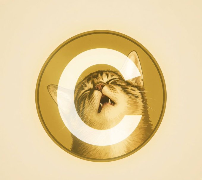 An illustration of a yawning or meowing cat peering through a golden letter "C" on a cream background.